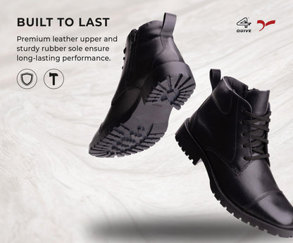 QUIVE SEGA DMS black leather work boots, built-to-last construction graphic