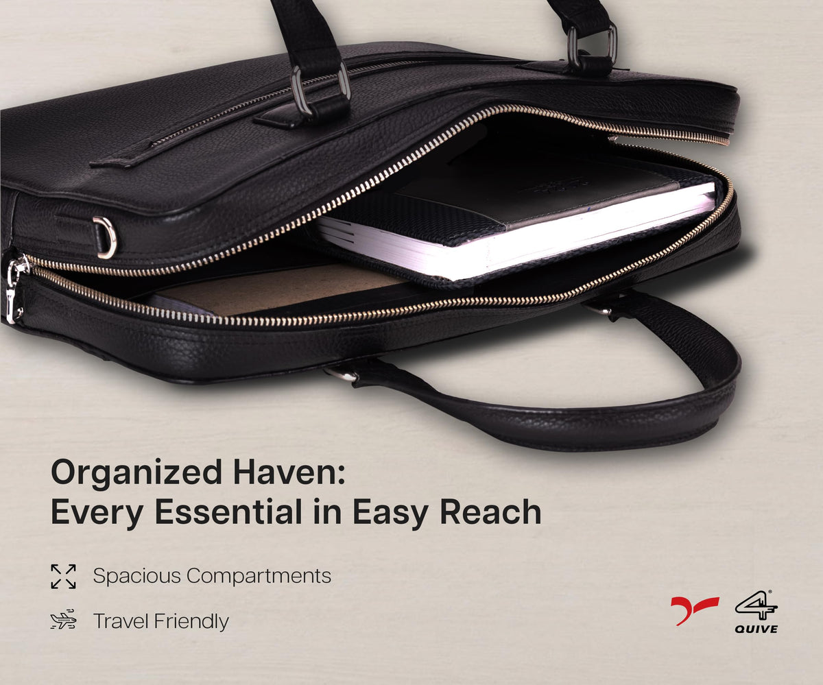 QUIVE London Cavendish leather laptop bag open with a laptop inside