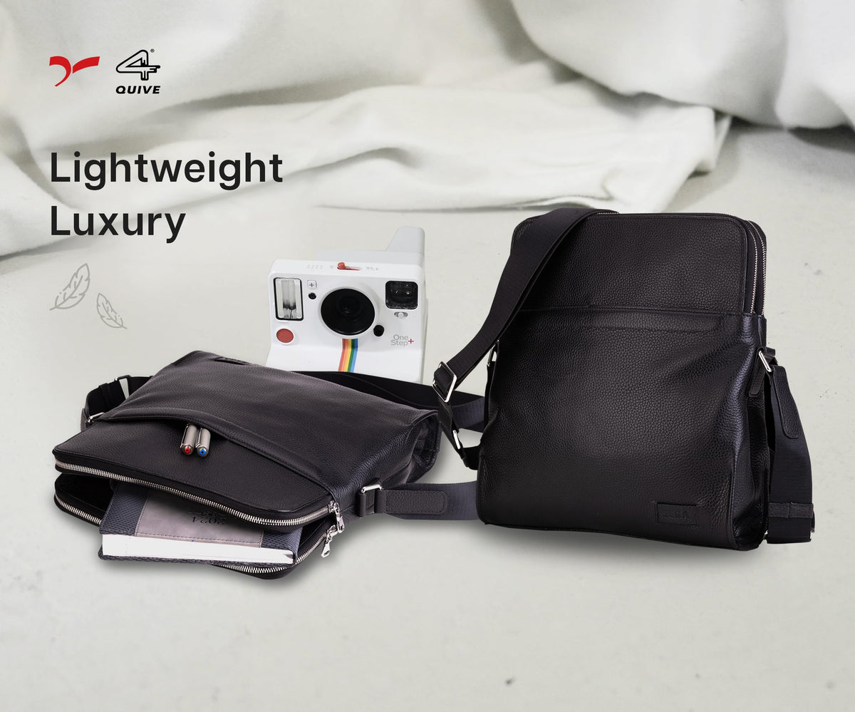 QUIVE London Portman leather crossbody bag in a lightweight-travel feature panel