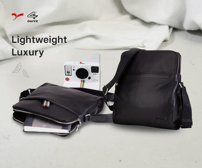 QUIVE London Portman leather crossbody bag in a lightweight-travel feature panel
