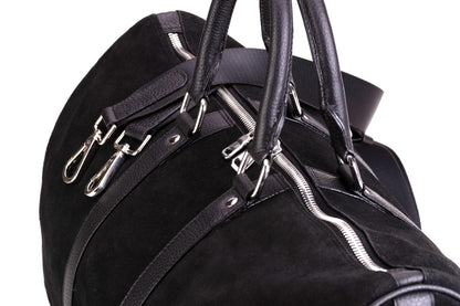 QUIVE London Fitzrovia suede weekender bag, handles and hardware detail
