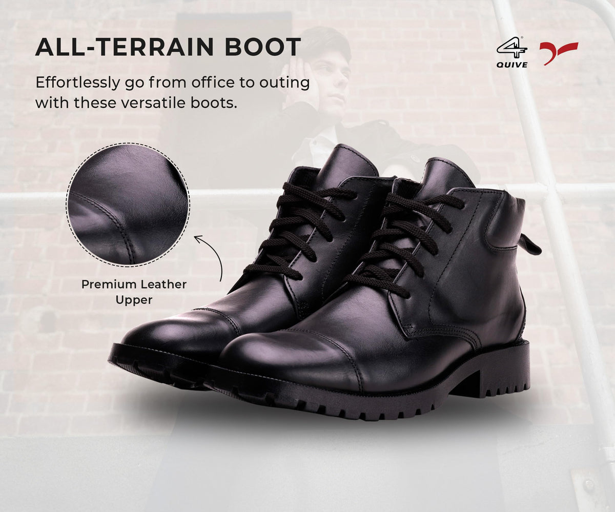 QUIVE SEGA DMS black leather work boots, all-terrain boot feature graphic