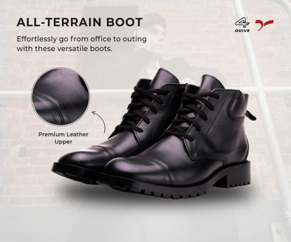 QUIVE SEGA DMS black leather work boots, all-terrain boot feature graphic