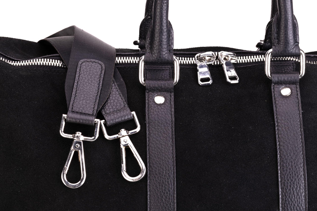 QUIVE London Fitzrovia suede weekender bag, strap hooks and zipper detail