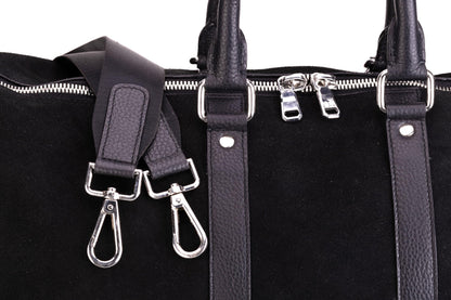 QUIVE London Fitzrovia suede weekender bag, strap hooks and zipper detail
