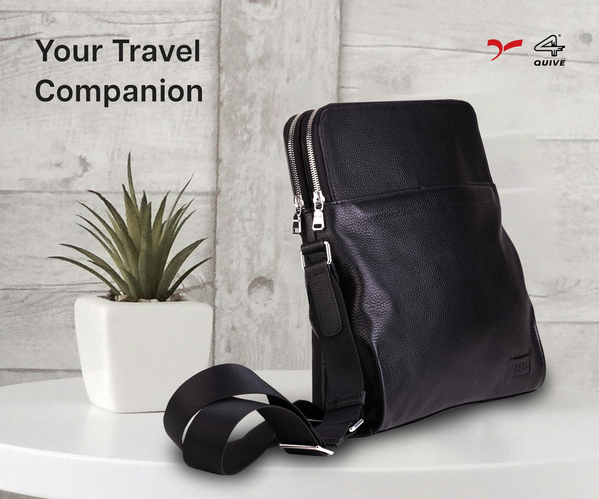 Black QUIVE London Portman leather crossbody bag displayed with its shoulder strap