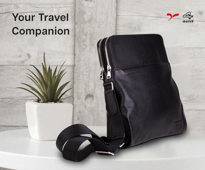 Black QUIVE London Portman leather crossbody bag displayed with its shoulder strap
