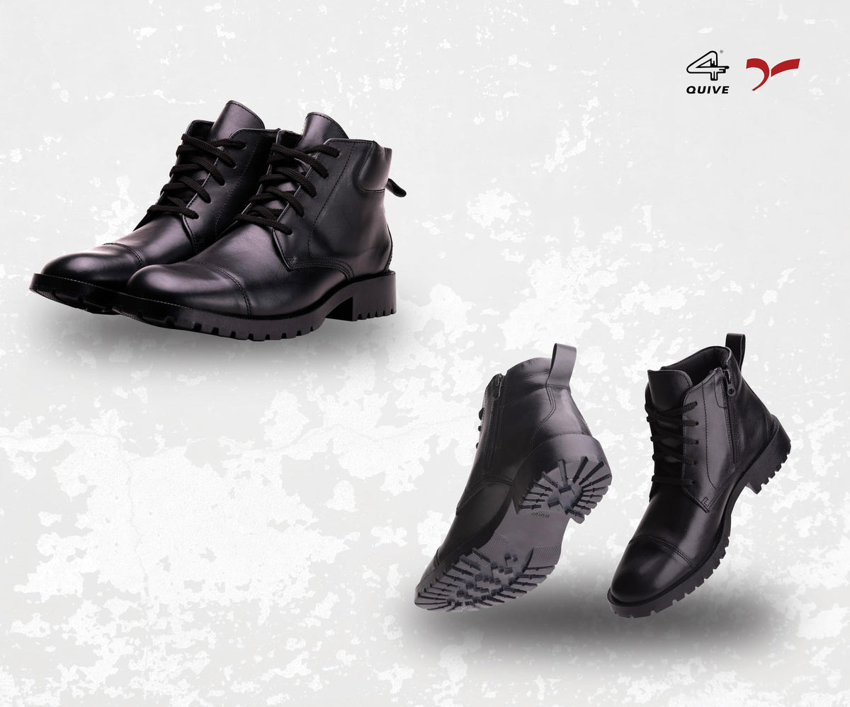QUIVE SEGA DMS black leather work boots, multi-angle studio view