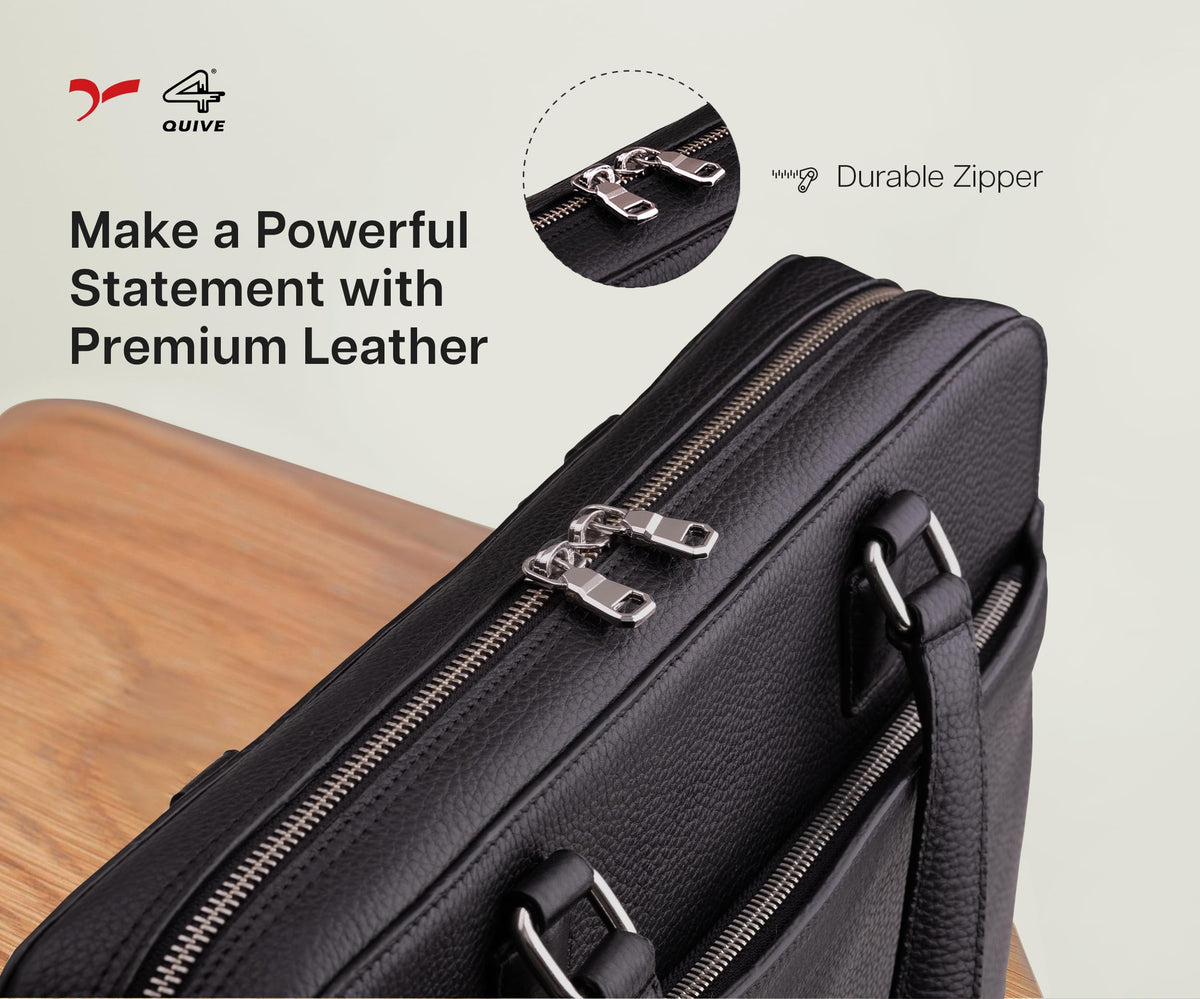 QUIVE London Cavendish leather laptop bag, twin-zipper detail