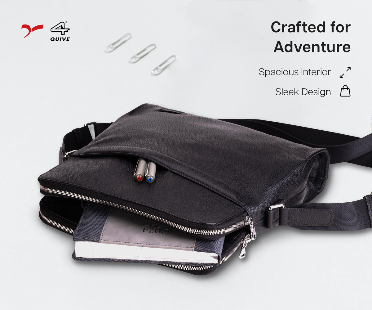 QUIVE London Portman leather crossbody bag open with personal items inside