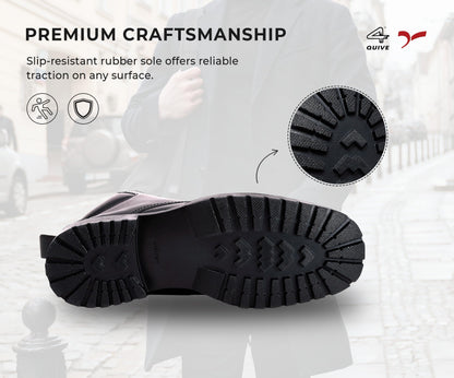 QUIVE SEGA DMS black leather work boots, premium craftsmanship and outsole graphic