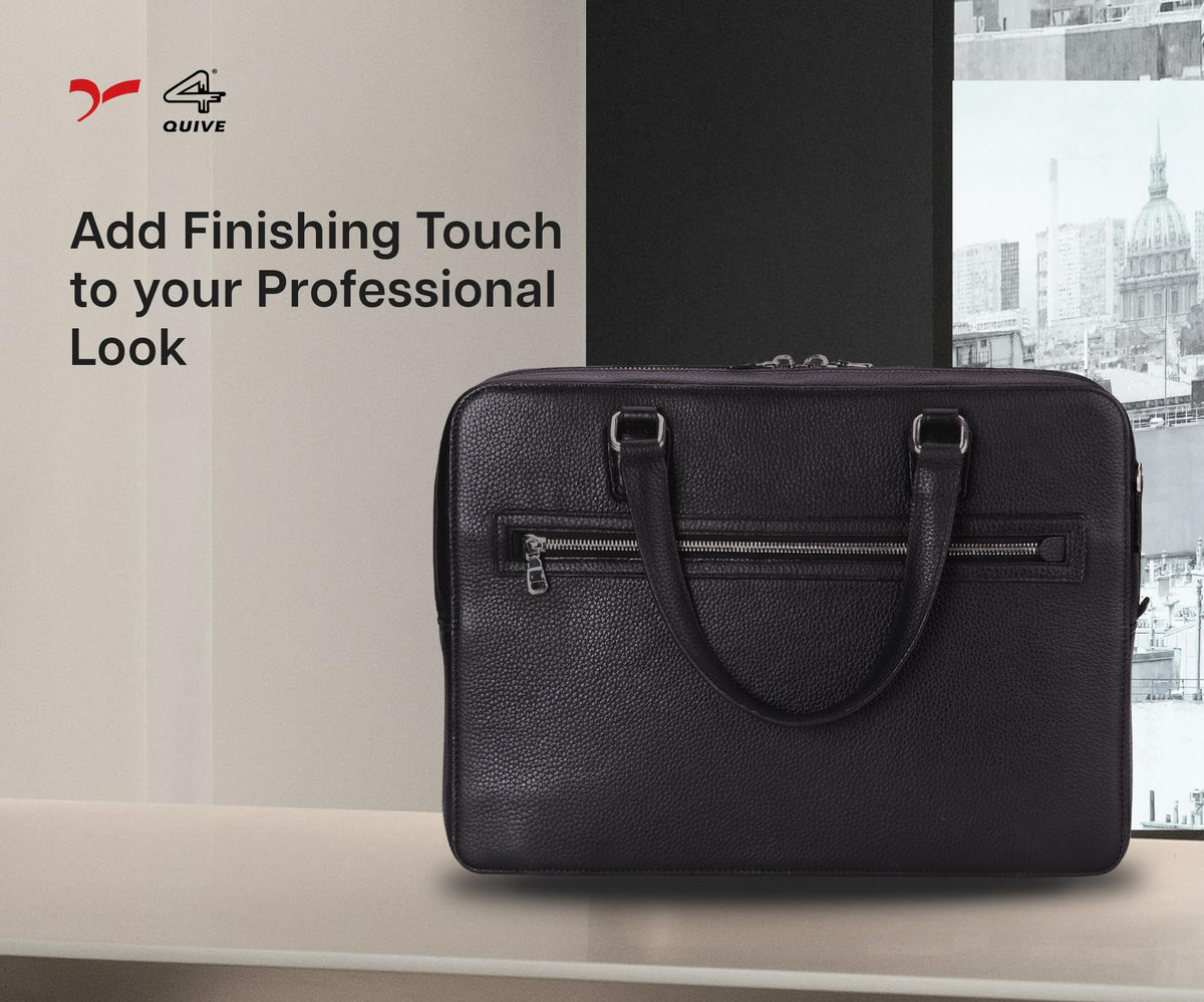 Black QUIVE London Cavendish leather laptop bag in an office setting