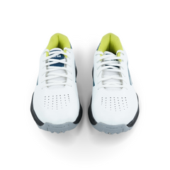 White cricket shoes with blue and black accents on a white background