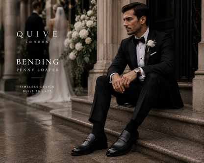 QUIVE London Bending black leather penny loafers in a smart-casual setting