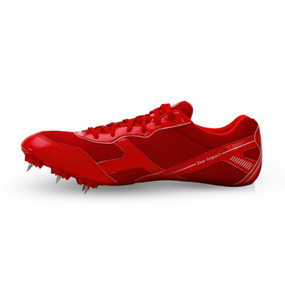 A red SEGA Flower metal spikes track and field running shoe with a synthetic leather upper and a textured outsole.