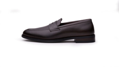 Brown QUIVE London Ventor leather penny loafer, outer side profile