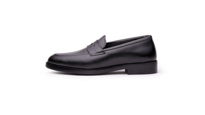 Black QUIVE London Ventor leather penny loafer, outer side profile
