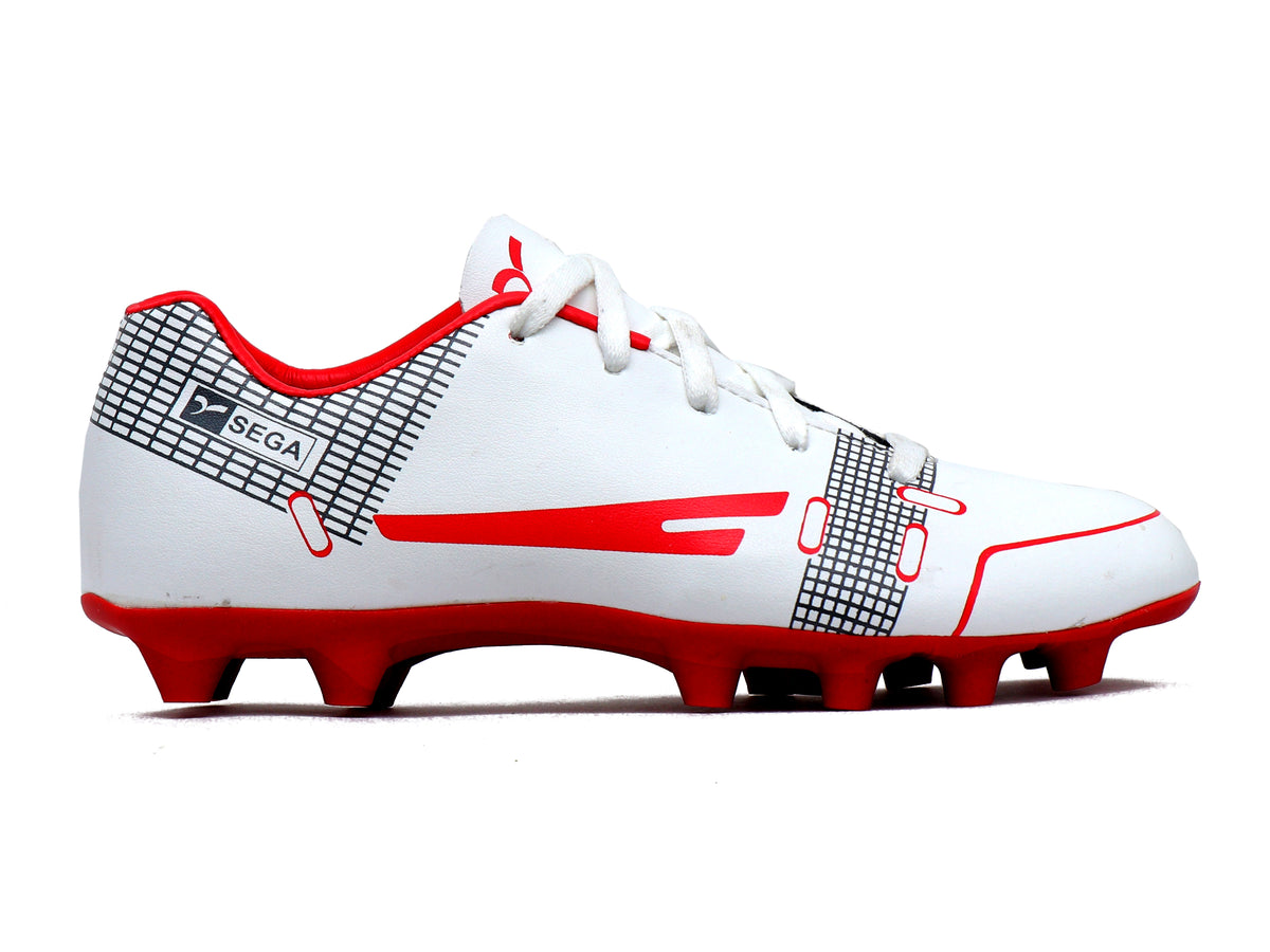 SEGA QUIVE Kids' Spectra football trainers, white and red studded side profile