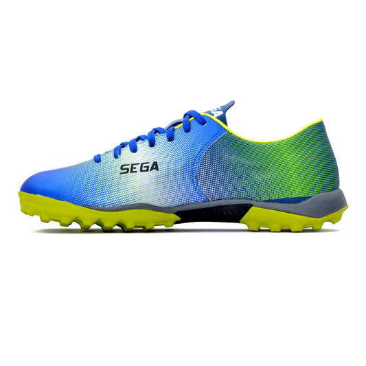 A pair of SEGA Legends Men's Football Boots in blue with yellow accents and a visible SEGA logo on the side.