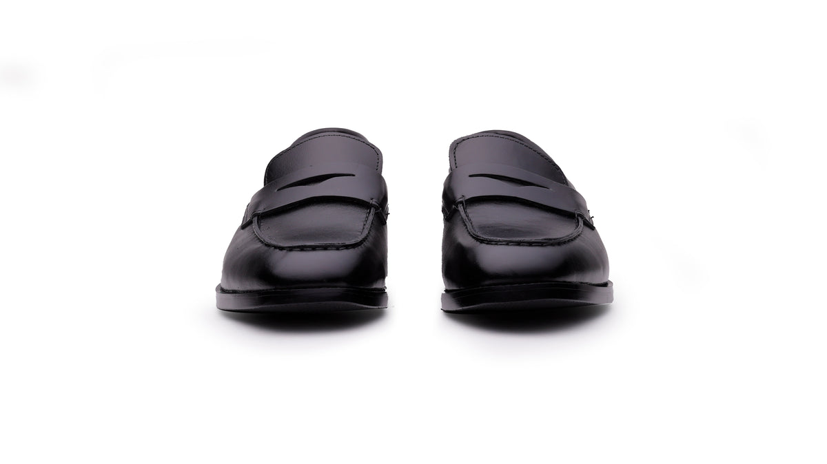 Black QUIVE London Perth leather penny loafers, front view