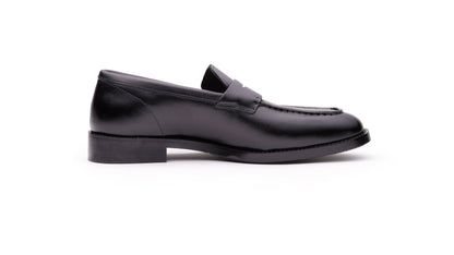 Black QUIVE London Perth leather penny loafer, right-facing side profile