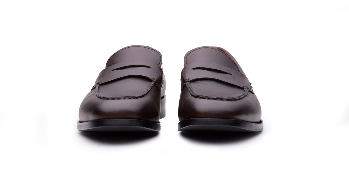 Brown QUIVE London Perth leather penny loafers, front view