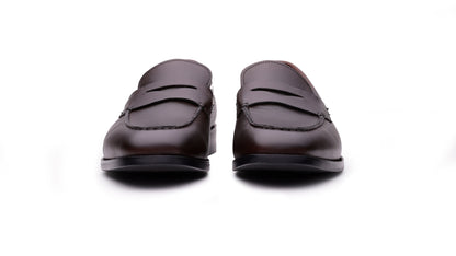 Brown QUIVE London Perth leather penny loafers, front view