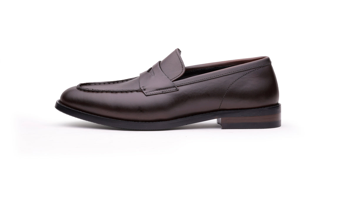 Brown QUIVE London Perth leather penny loafer, left-facing side profile