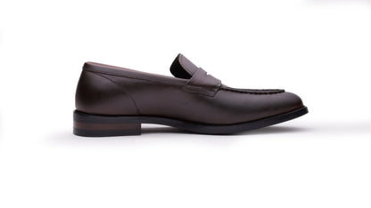 Brown QUIVE London Perth leather penny loafer, right-facing side profile
