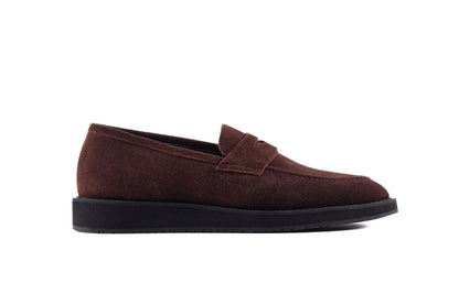 Brown QUIVE London Cambridge suede loafer, left-facing side profile