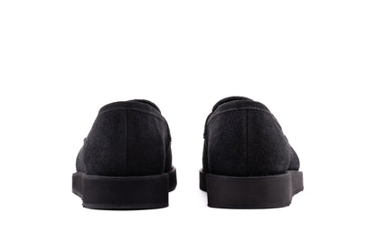 Black QUIVE London Cambridge suede loafers, heel view