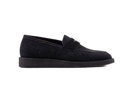 Black QUIVE London Cambridge suede loafer, right-facing side profile