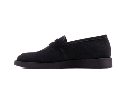 Black QUIVE London Cambridge suede loafer, left-facing side profile