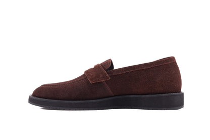 Brown QUIVE London Cambridge suede loafer, right-facing side profile