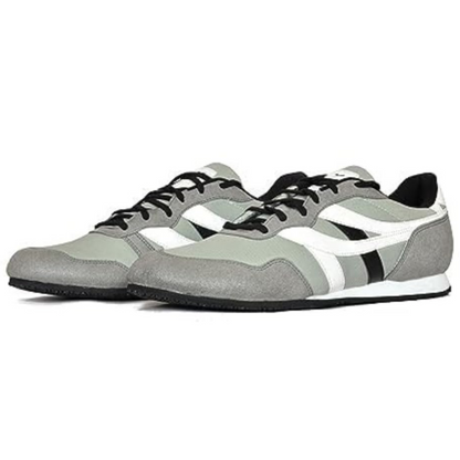 A pair of gray SEGA suede leather sneakers with lace-up closure.