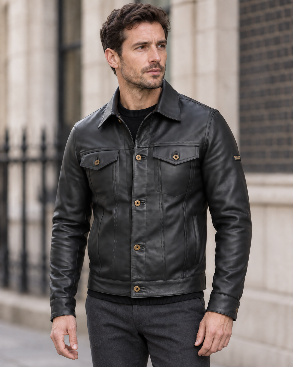 Man wearing the QUIVE London BELGRAVE black leather jacket in a London setting