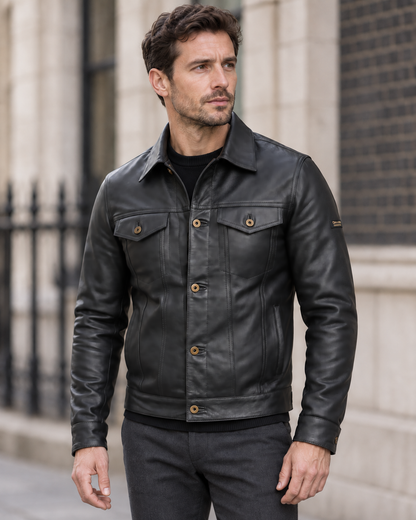 Man wearing the QUIVE London BELGRAVE black leather jacket in a London setting