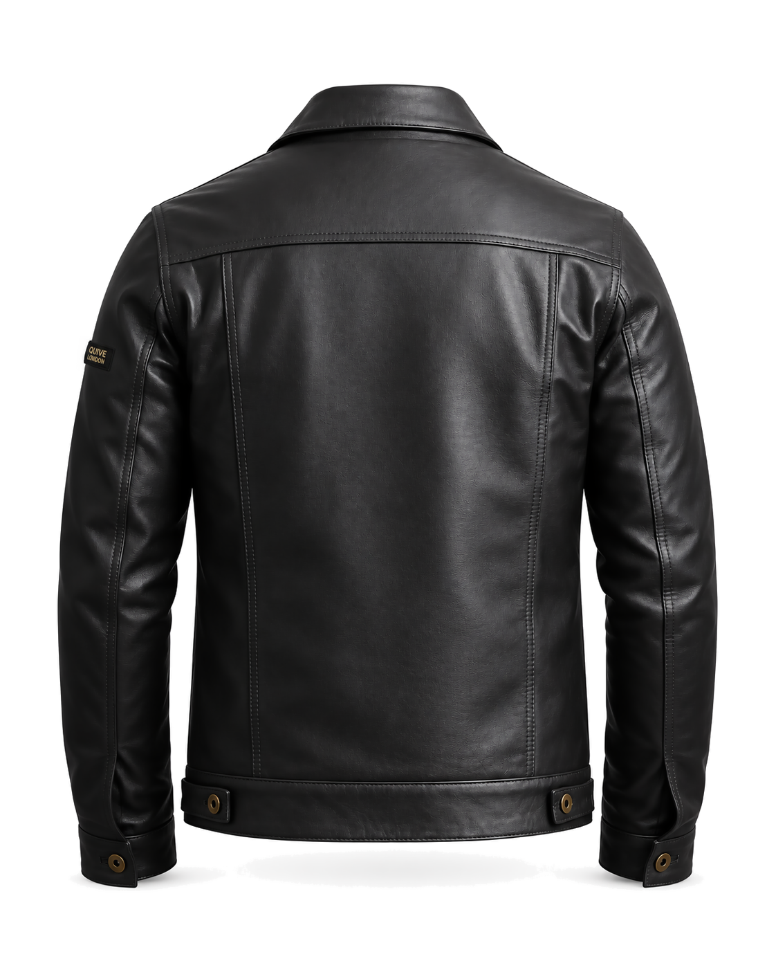 QUIVE London BELGRAVE men's black sheepskin leather jacket, rear studio view