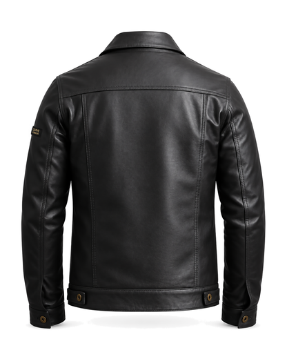 QUIVE London BELGRAVE men's black sheepskin leather jacket, rear studio view
