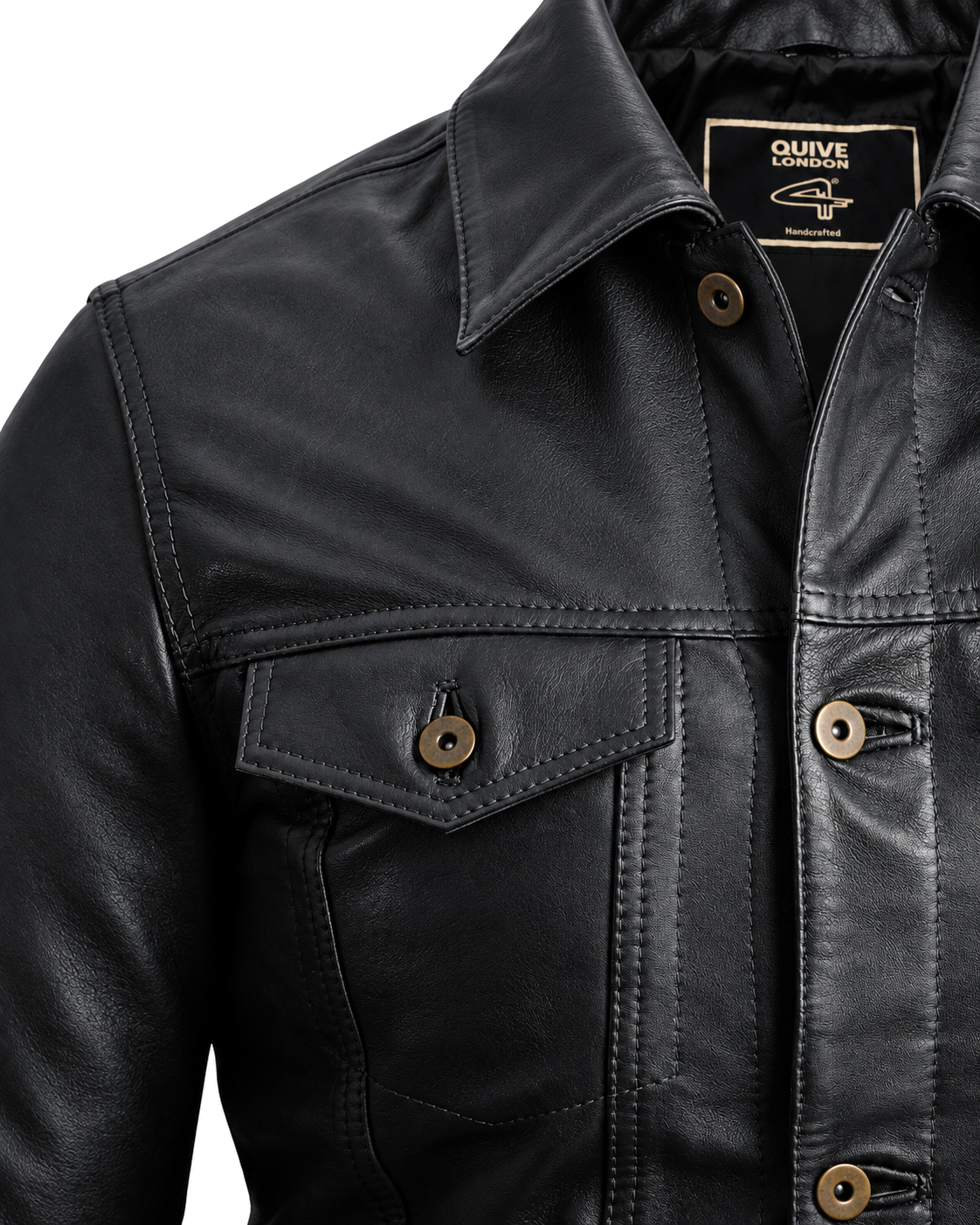 BELGRAVE black leather jacket collar, pocket, button and stitching detail