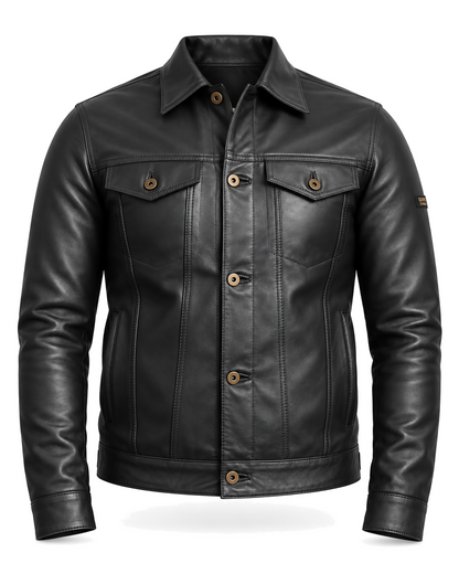 QUIVE London BELGRAVE men's black full-grain sheepskin leather jacket, front studio view