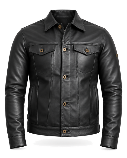 QUIVE London BELGRAVE men's black full-grain sheepskin leather jacket, front studio view