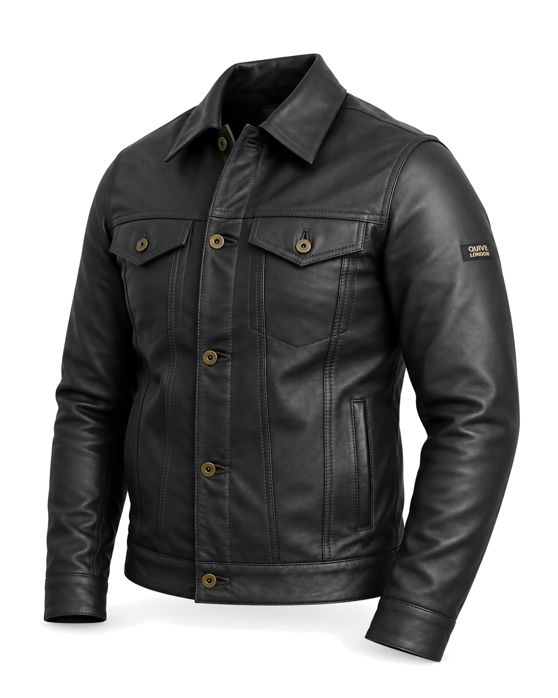 QUIVE London BELGRAVE men's black sheepskin leather jacket, three-quarter studio view