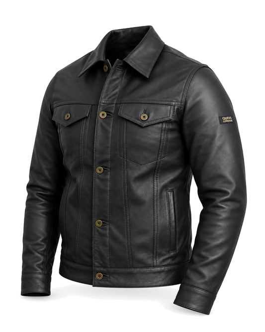 QUIVE London BELGRAVE men's black sheepskin leather jacket, three-quarter studio view