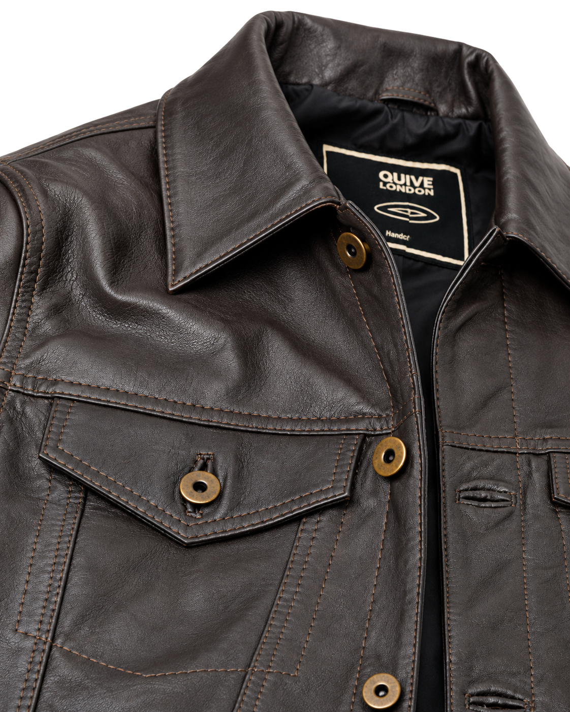 BELGRAVE brown leather jacket collar, pocket, button and stitching detail