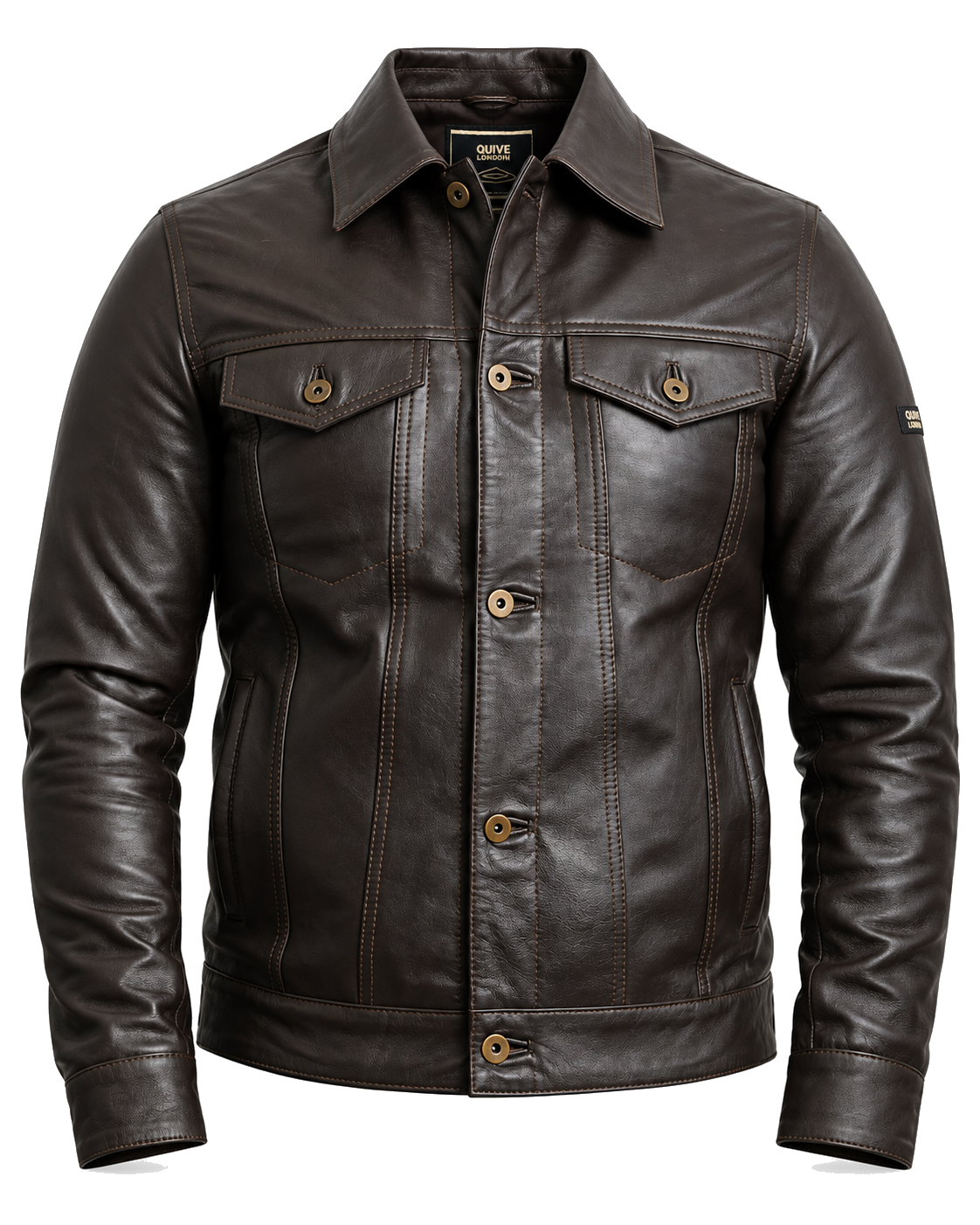 QUIVE London BELGRAVE men's brown full-grain sheepskin leather jacket, front studio view