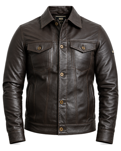 QUIVE London BELGRAVE men's brown full-grain sheepskin leather jacket, front studio view