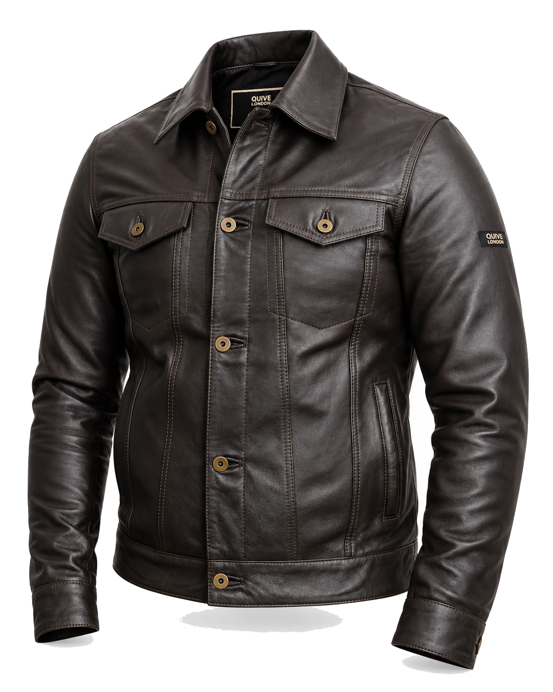 QUIVE London BELGRAVE men's brown sheepskin leather jacket, three-quarter studio view