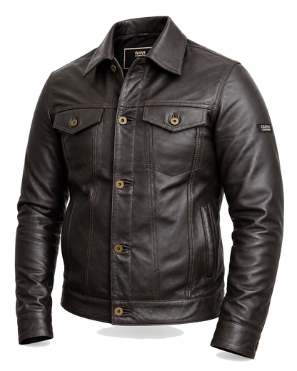 QUIVE London BELGRAVE men's brown sheepskin leather jacket, three-quarter studio view