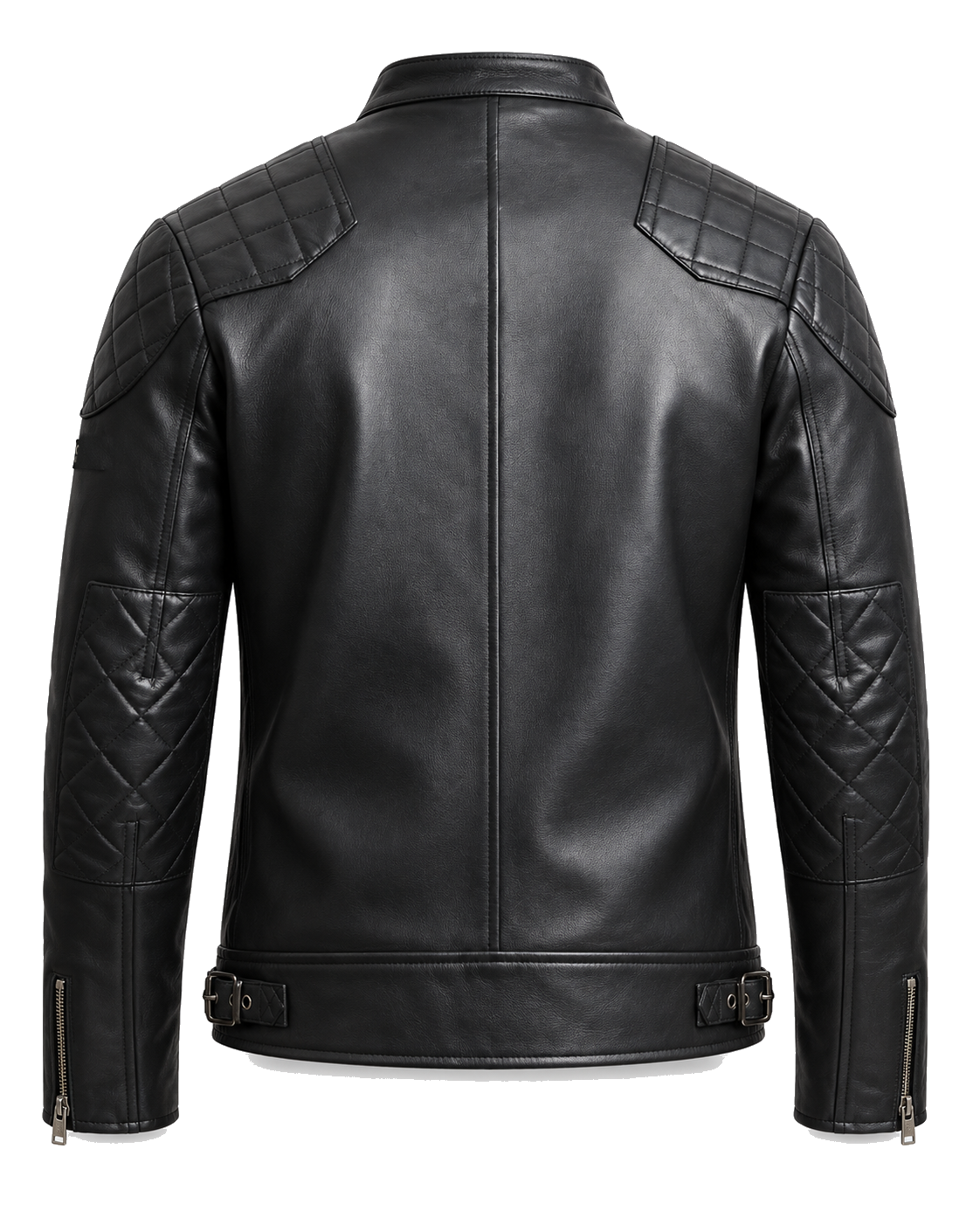 QUIVE London BROMPTON black leather biker jacket, rear studio view
